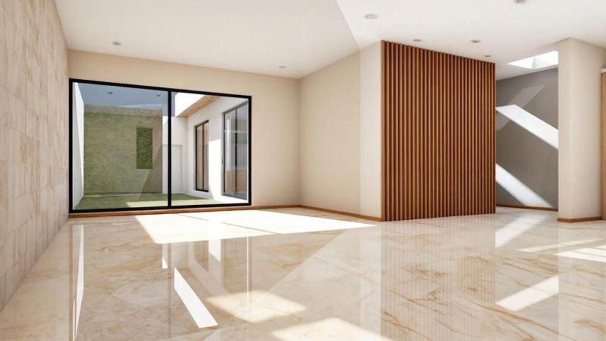 Interior con piso brillante reflejante, pared de listones de madera y ventanal al patio