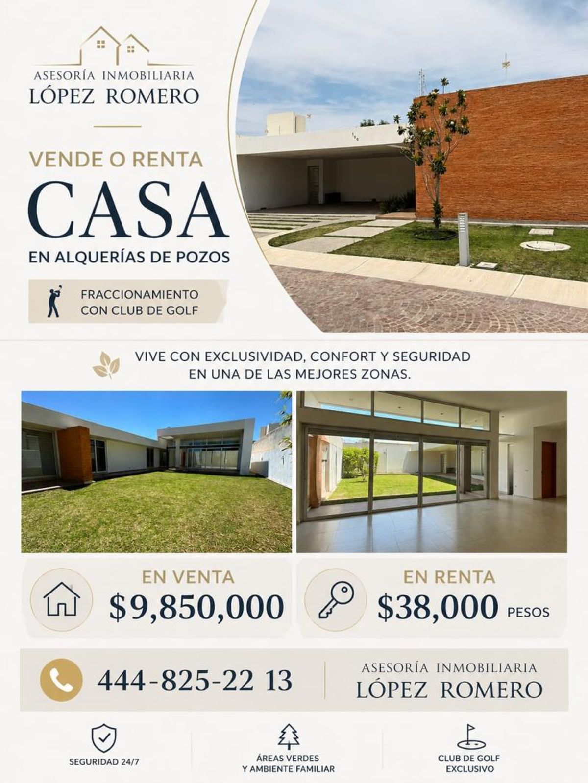 Casa moderna con fachadas blancas, muro de ladrillo rojo, ventanales y jardín con césped