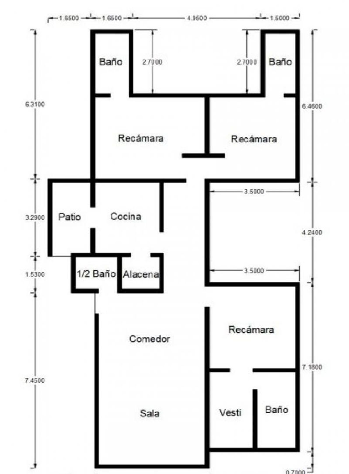 Plano arquitectónico de departamento con distribución de tres recámaras, sala, comedor, cocina y baños