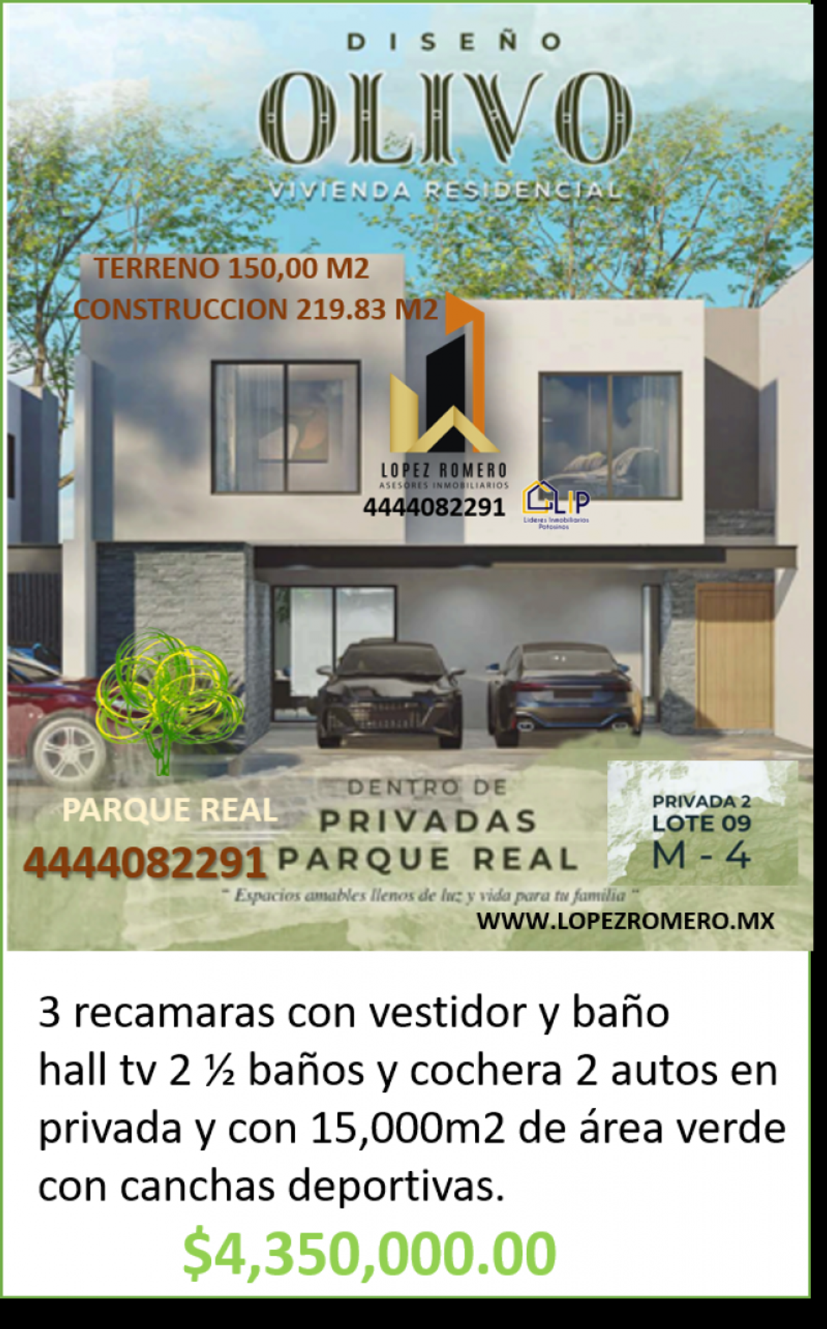 Casa de dos niveles con fachada blanca, cochera cubierta para dos autos y ventanales