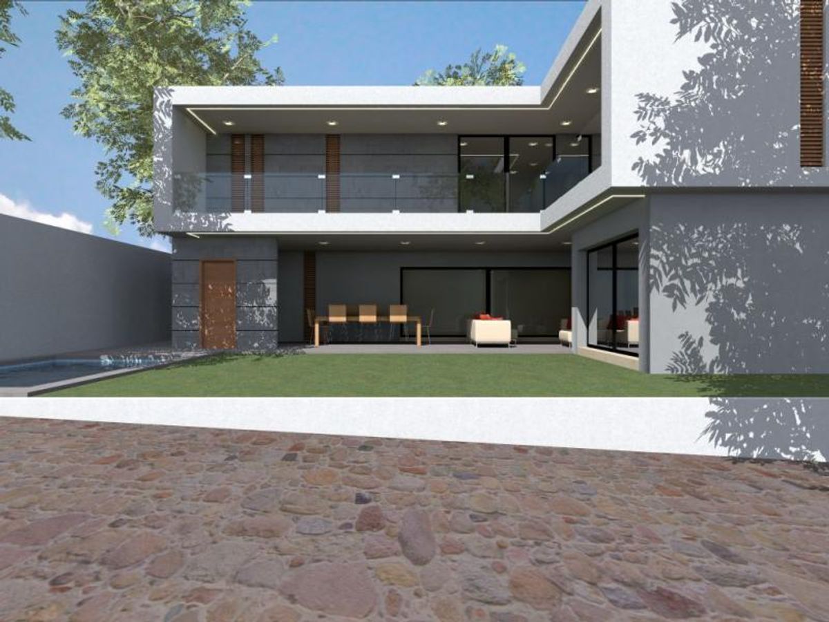 Casa moderna de dos plantas con terraza, balcón con cristal y jardín frontal