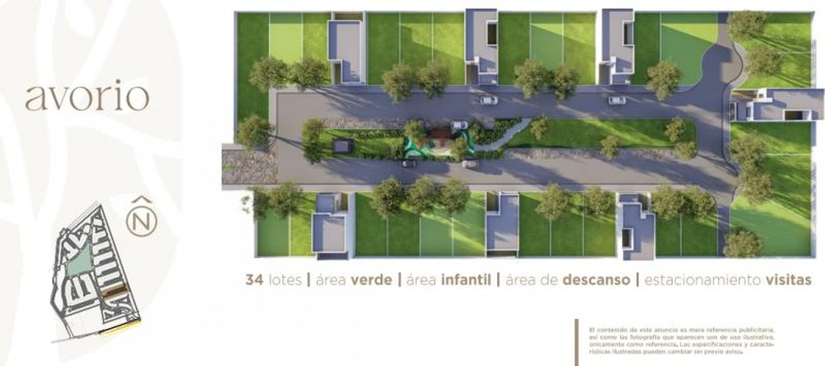 Plano residencial con lotes delimitados, áreas verdes centrales, vialidad interna y estacionamiento para visitas