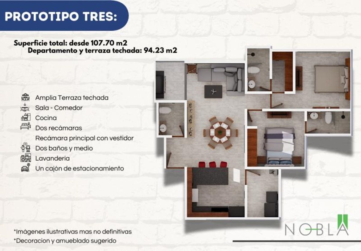 Plano tridimensional ilustrativo de departamento amueblado con dos recámaras, sala, comedor, cocina y baños