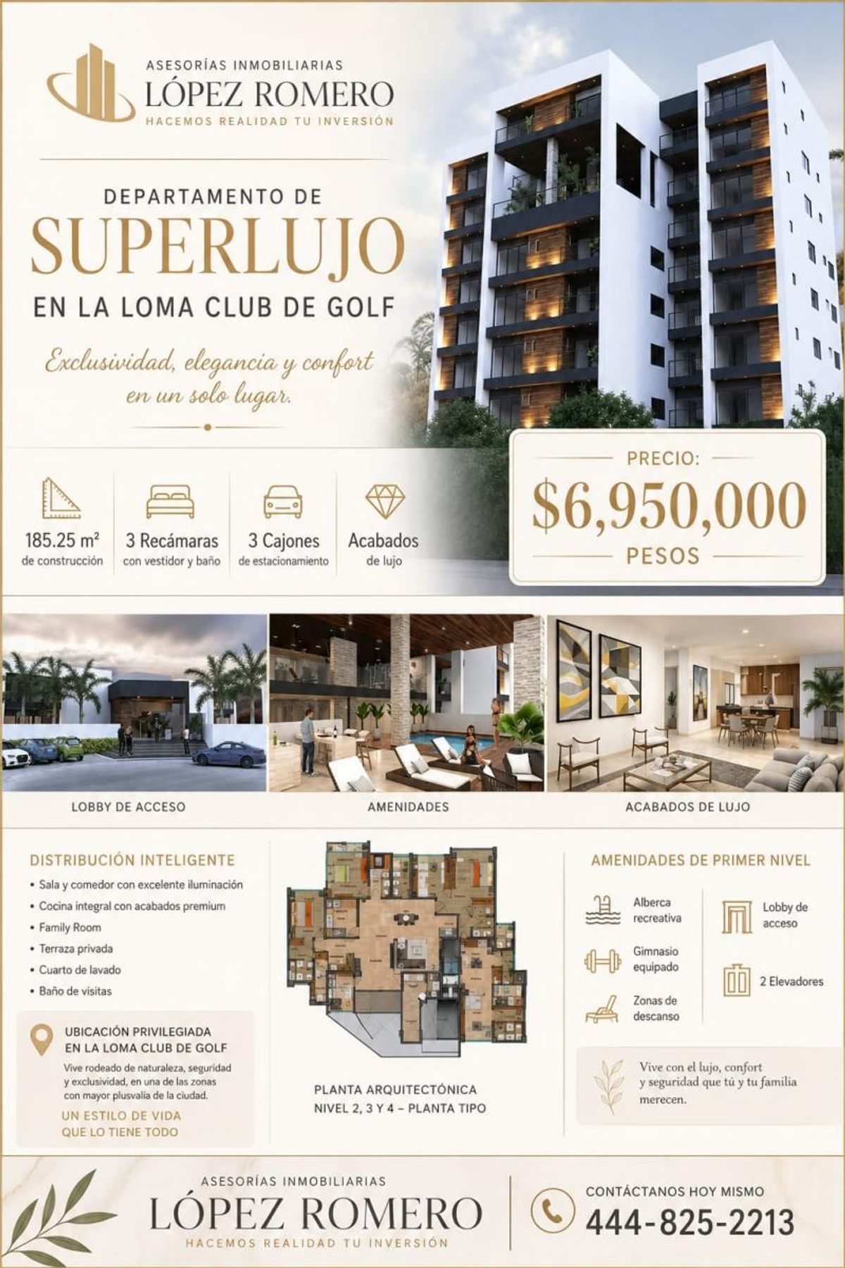Edificio residencial moderno con fachadas blancas, paneles de madera, balcones y alberca