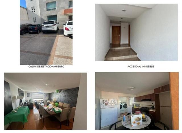 Estacionamiento exterior, pasillo de entrada, sala comedor amueblada y cocina con gabinetes de madera