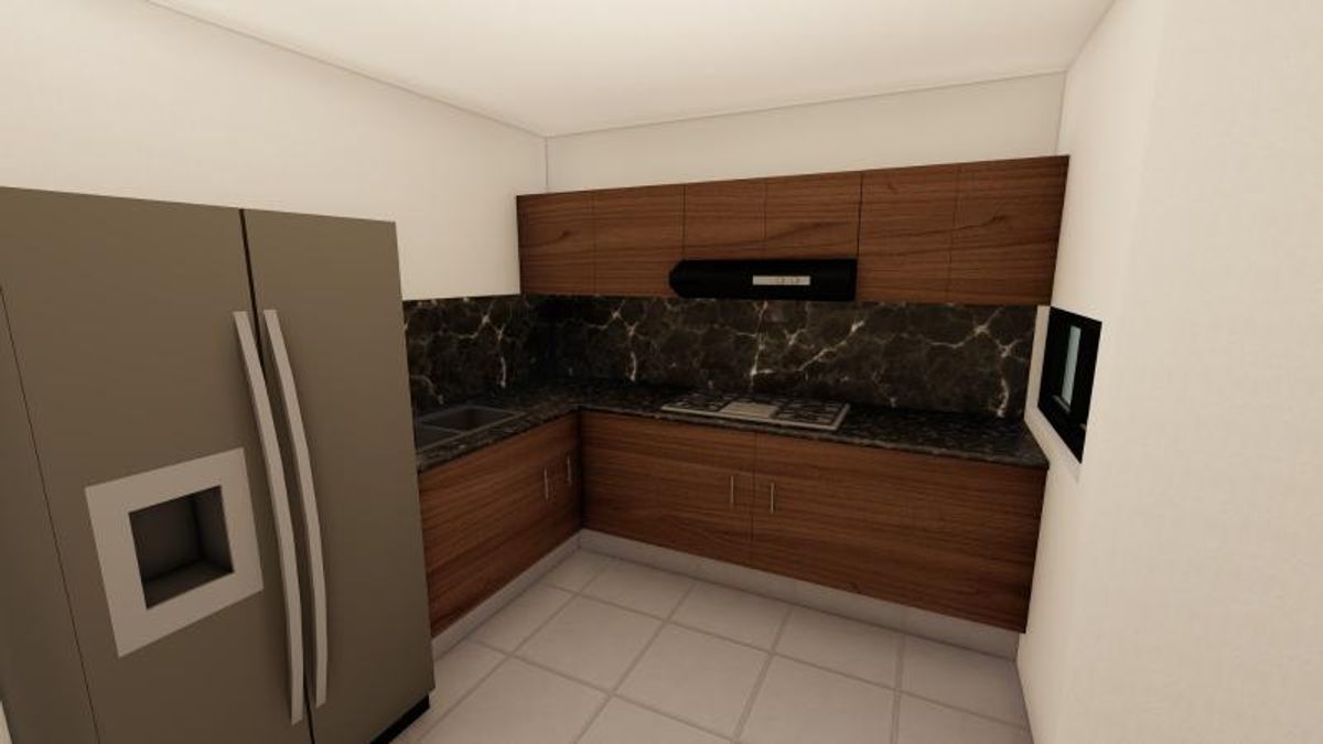 Cocina integral con gabinetes de madera, salpicadero de mármol negro y refrigerador