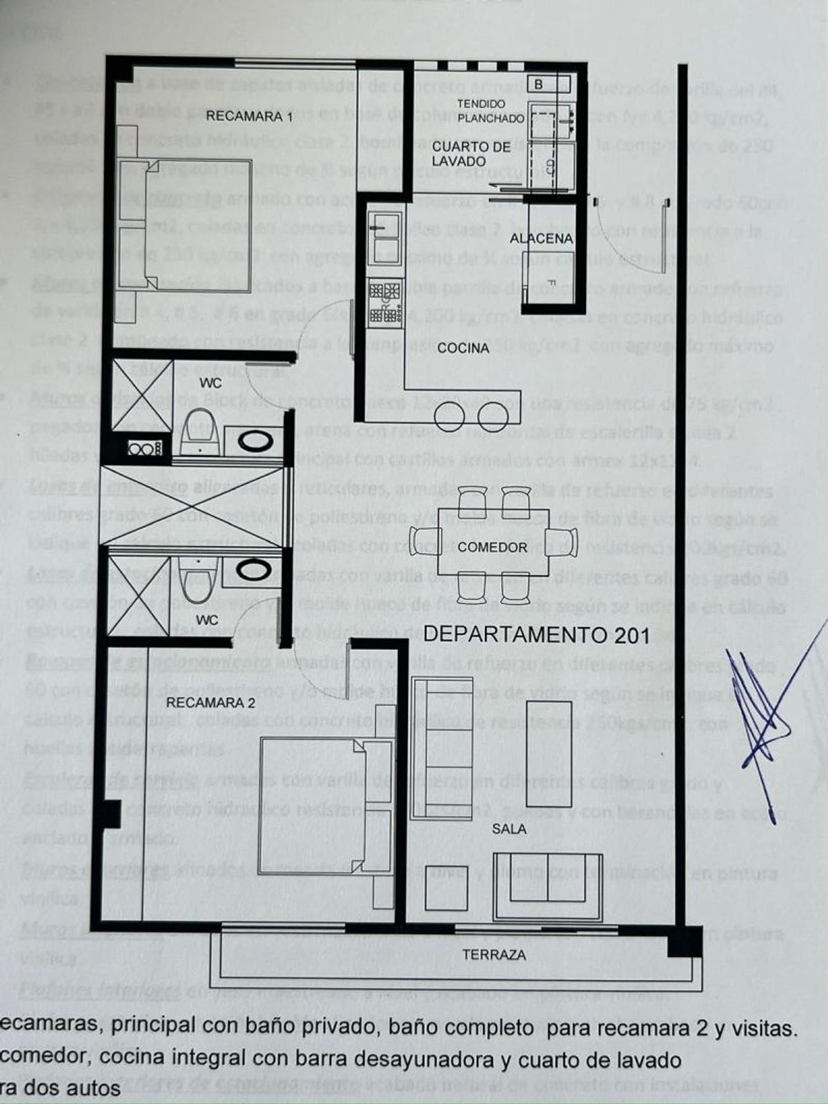Distribución de departamento con dos recámaras, dos baños, cocina con barra, sala, comedor y terraza