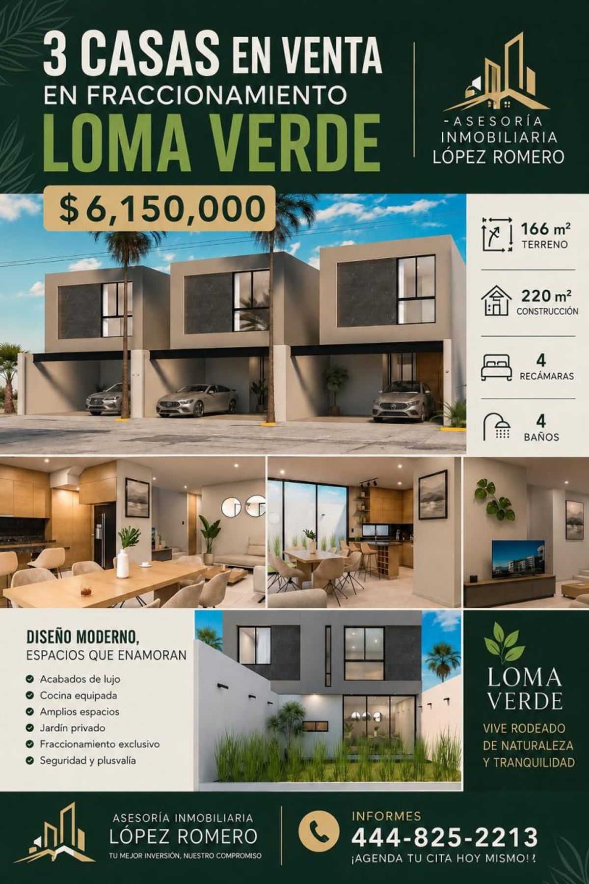 Tres casas de dos pisos con fachada gris, cochera techada e interiores con grandes ventanales