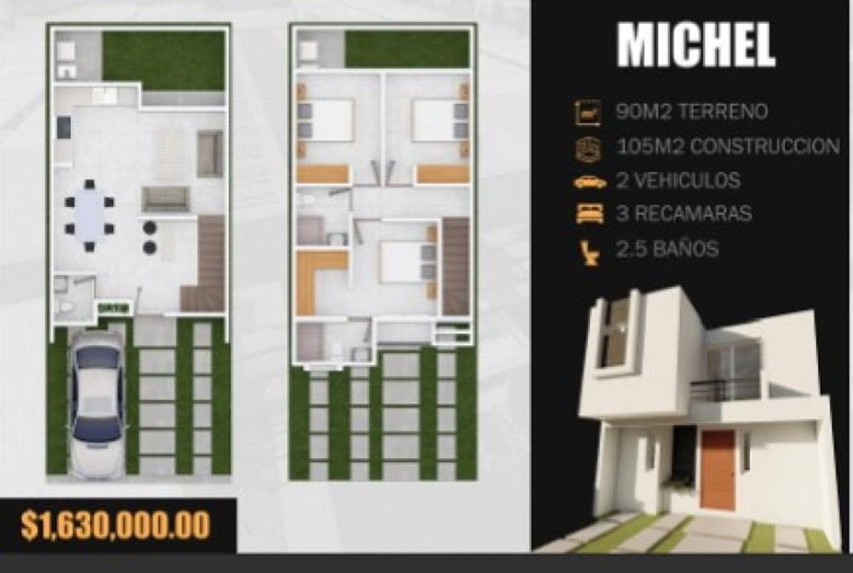 Planos de distribución interior de dos plantas y render de fachada de casa blanca
