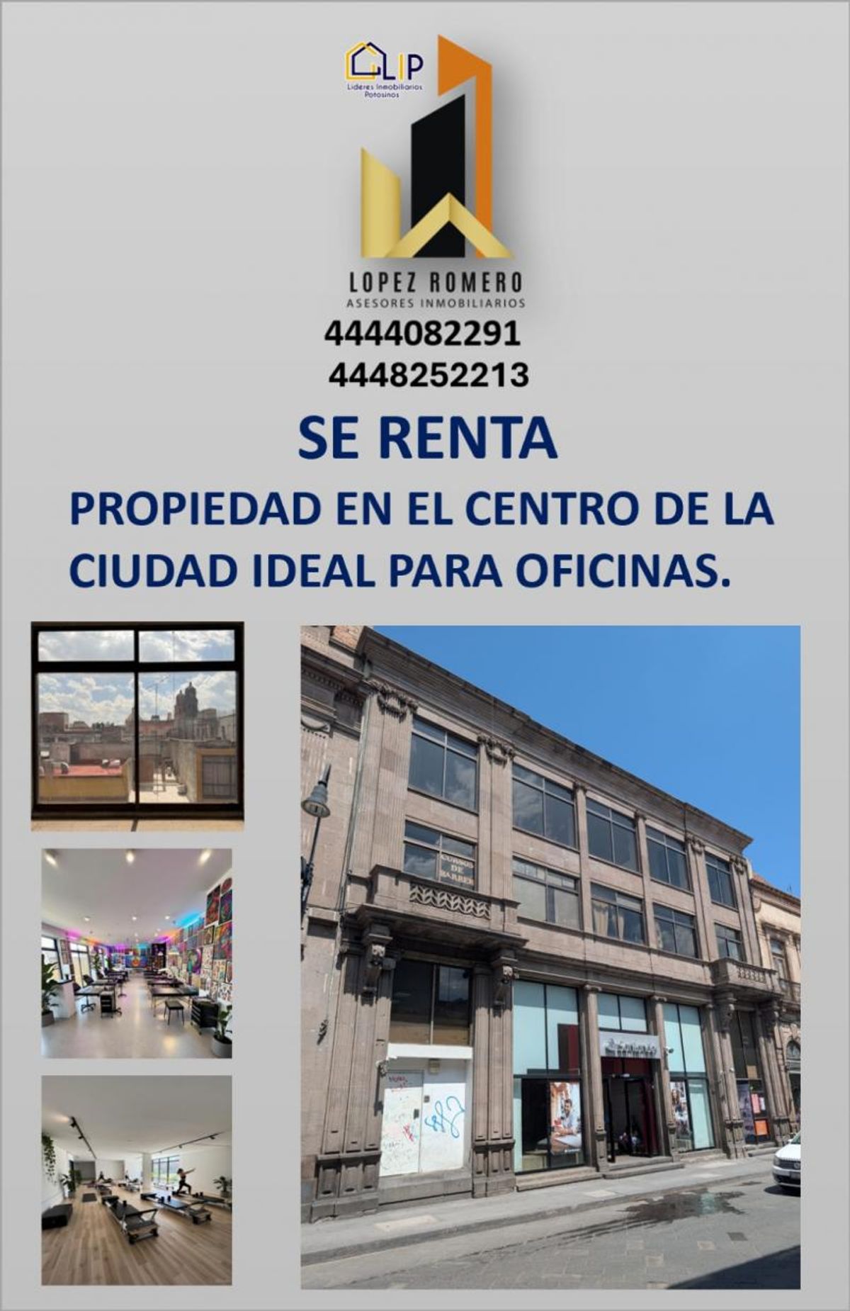 Fachada de edificio de piedra con grandes ventanales y salas interiores iluminadas