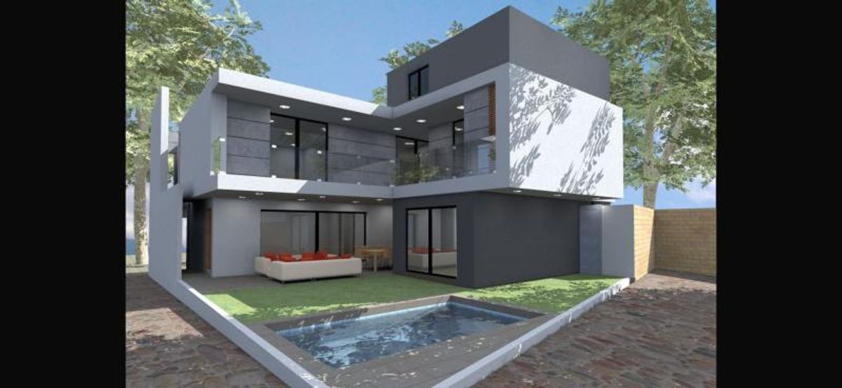 Casa moderna de dos niveles con fachada gris y blanca, alberca, terraza y jardín