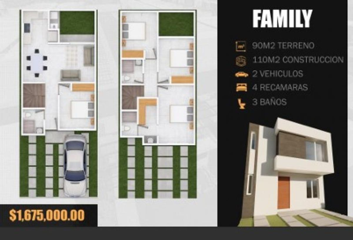 Plano arquitectónico de dos plantas con distribución interior y render tridimensional de fachada residencial