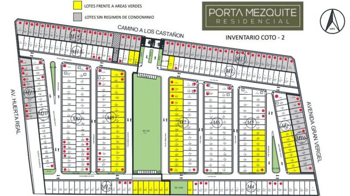 Plano del desarrollo residencial Porta Mezquite con distribución de lotes, manzanas y áreas verdes