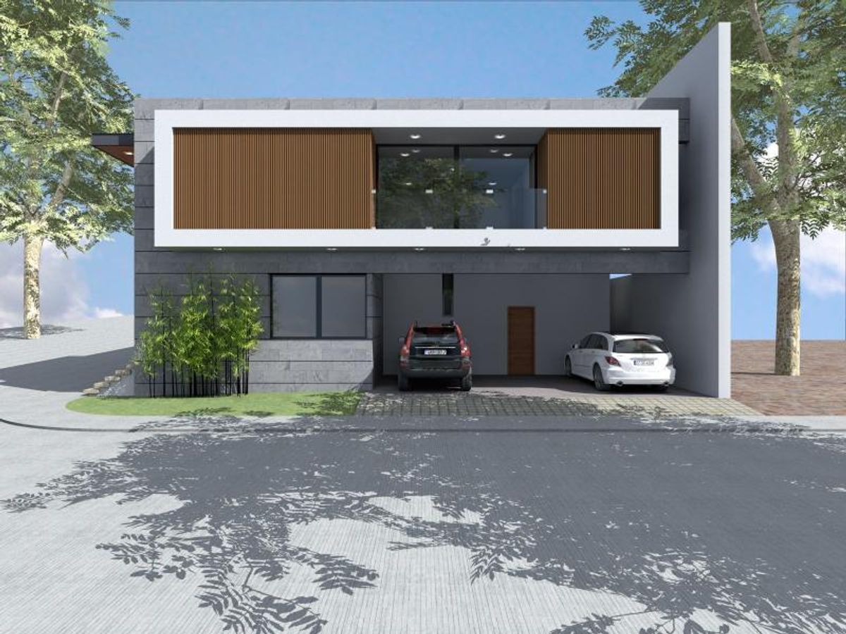 Fachada moderna de dos niveles con paneles de madera, balcón de cristal y cochera