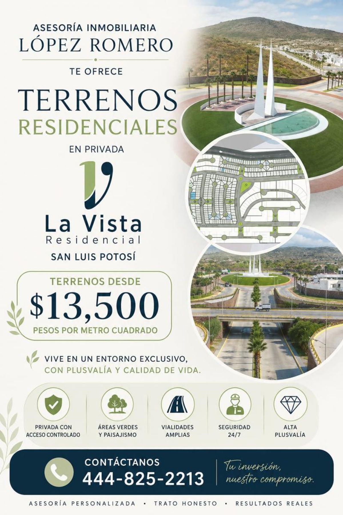 Glorieta con monumentos blancos, áreas verdes, palmeras y vialidades pavimentadas con cerros al fondo