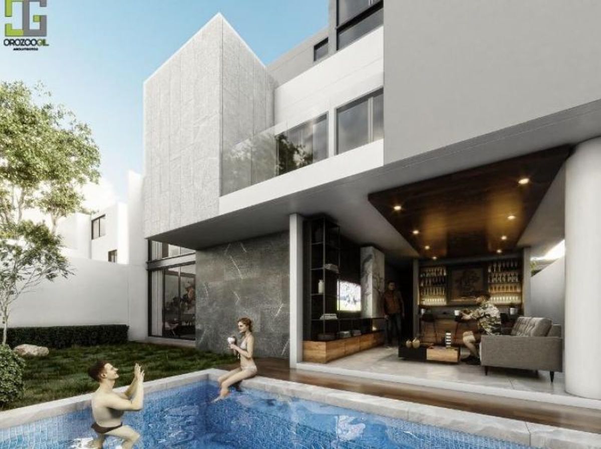 Casa moderna con alberca, jardín y terraza cubierta equipada con área de bar
