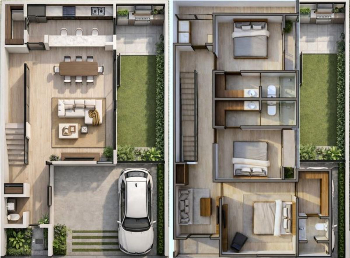 Plano arquitectónico de dos plantas con cochera, jardín posterior, área social y tres recámaras