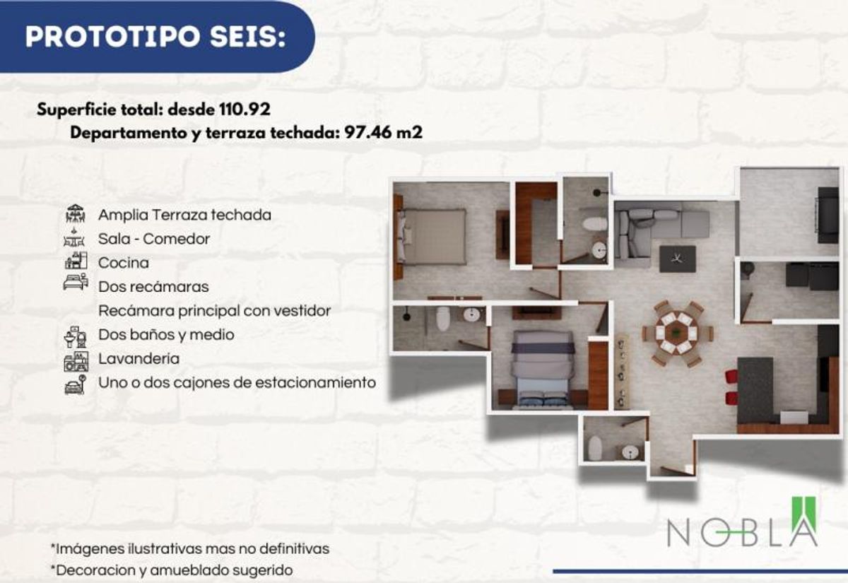 Plano arquitectónico tridimensional de departamento con dos recámaras, sala, comedor, cocina y baños