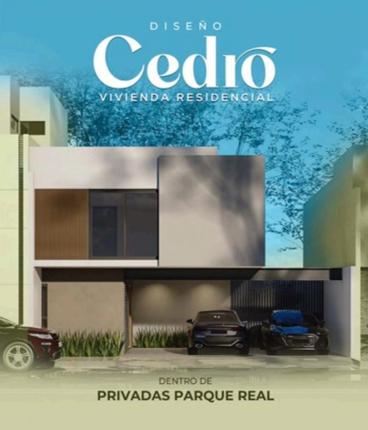 Fachada residencial de dos niveles con paneles grises, detalles de madera y cochera techada