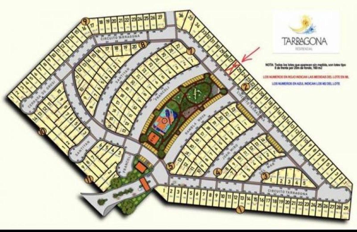 Plano general del desarrollo residencial Tarragona con lotes numerados, calles y áreas verdes