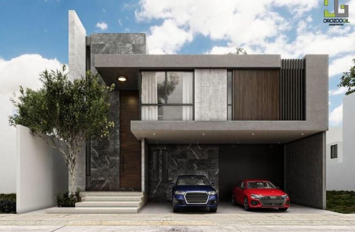 Fachada moderna de dos niveles con revestimiento de piedra gris, madera y cochera techada