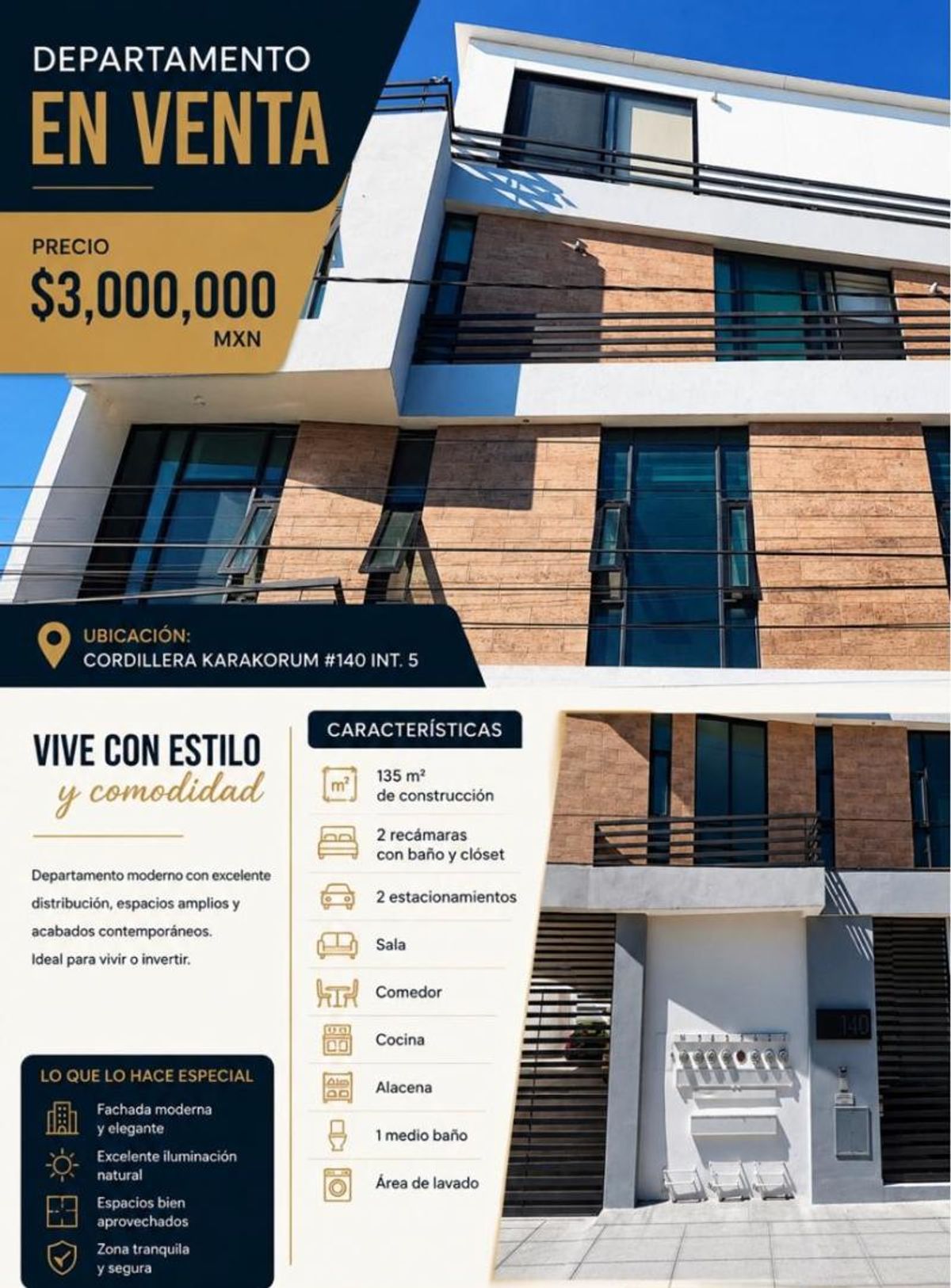 Edificio de departamentos con fachada de piedra beige, muros blancos, grandes ventanales y barandales