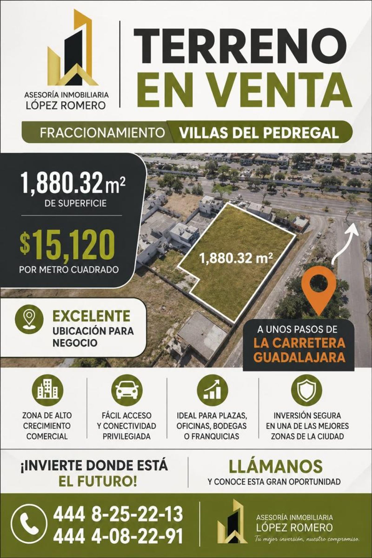 Vista aérea de terreno baldío delimitado en un área urbana entre calles y viviendas