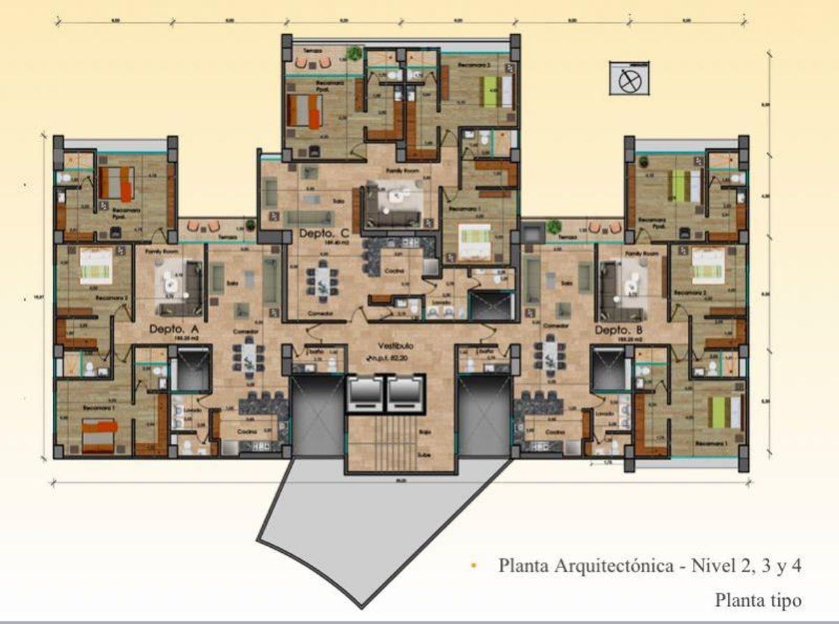 Plano arquitectónico con la distribución de tres departamentos, recámaras, áreas sociales y elevadores centrales