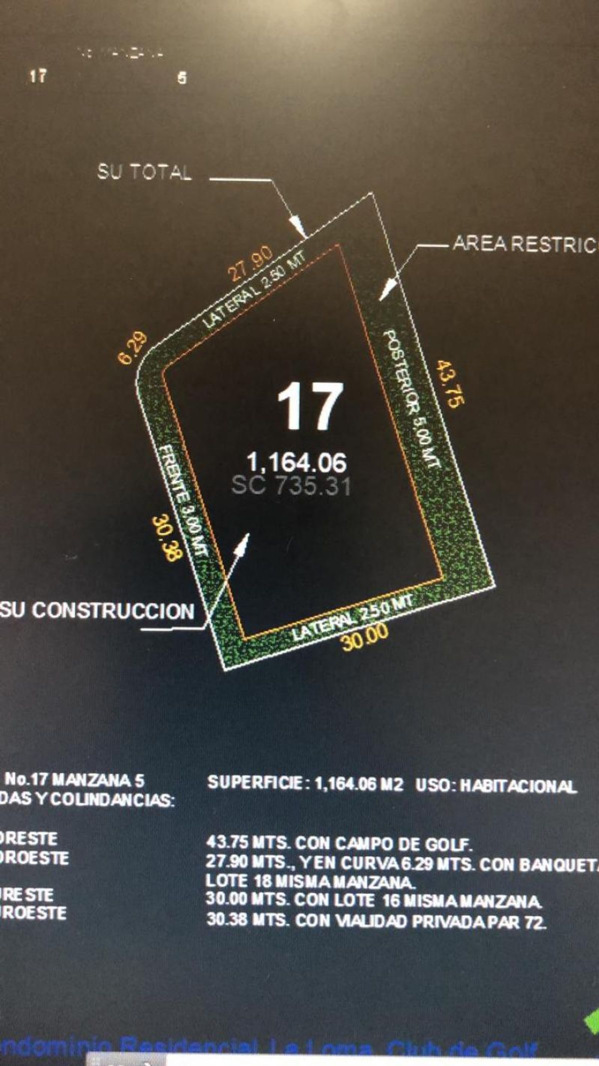 Plano topográfico del lote 17 mostrando medidas perimetrales, colindancias y área de restricción