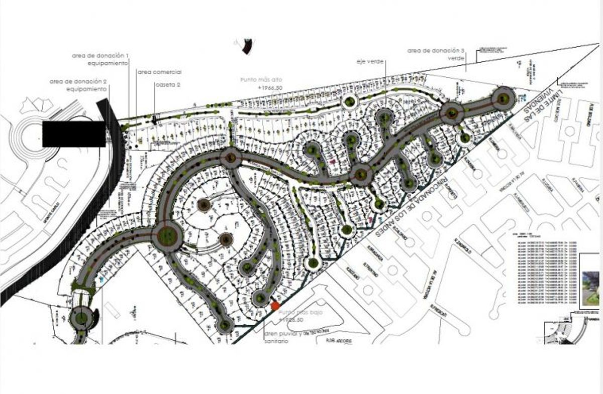 Plano de distribución urbanística para desarrollo residencial con áreas verdes, lotes y vialidades principales