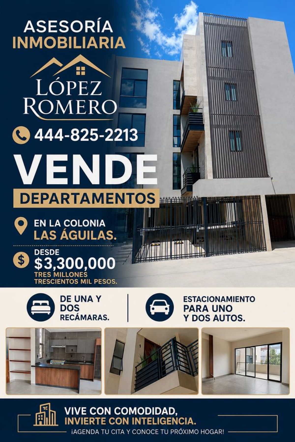 Fachada de edificio departamental moderno con reja negra, cocina con barra y ventanales corredizos