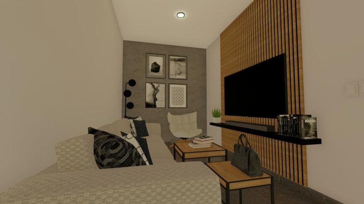 Sala con sofá claro, pared de listones de madera, televisor y mesas de centro