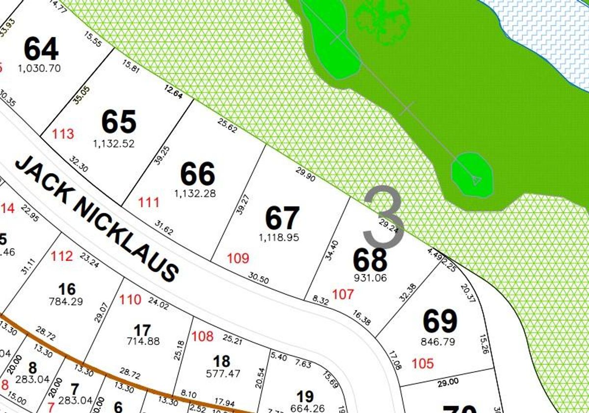 Plano de lotificación con lotes numerados, dimensiones, la calle Jack Nicklaus y áreas verdes