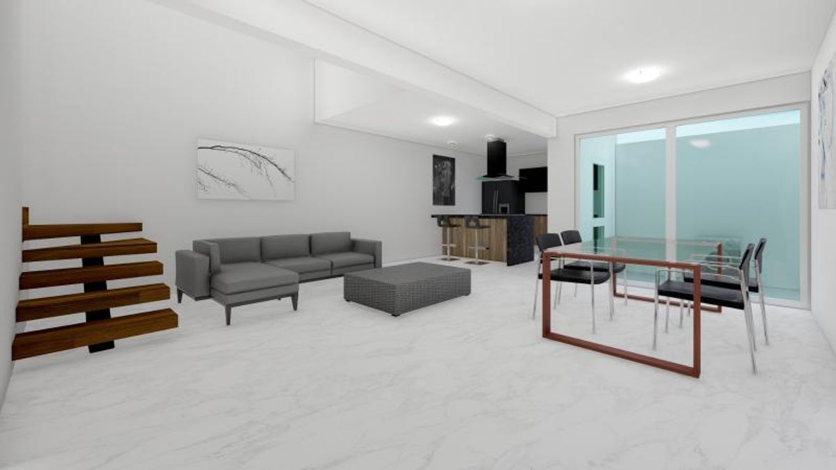 Espacio abierto con sala, comedor con mesa de cristal y escalera flotante de madera