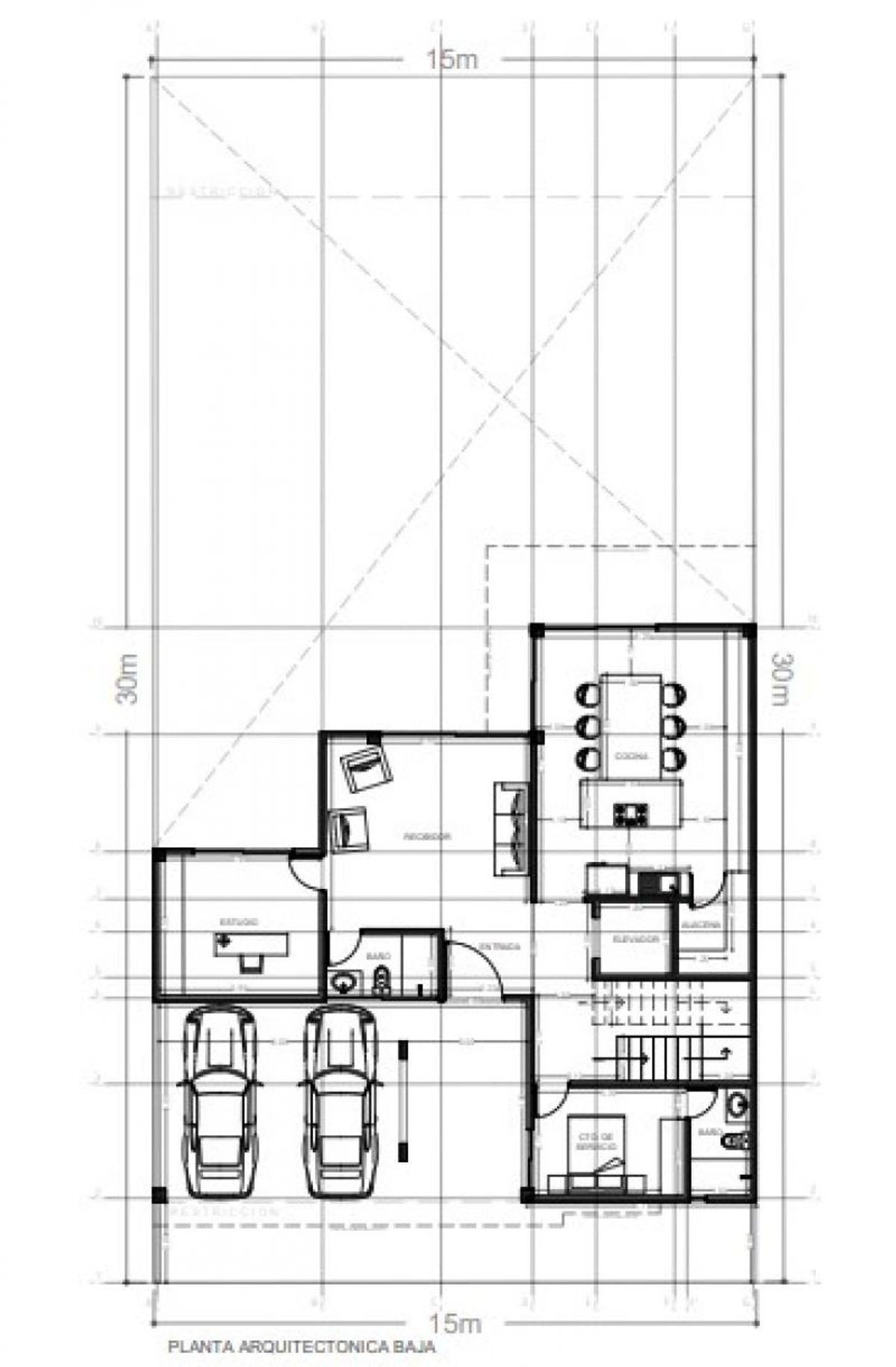 Plano de planta baja con cochera para dos autos, estudio, cocina y elevador