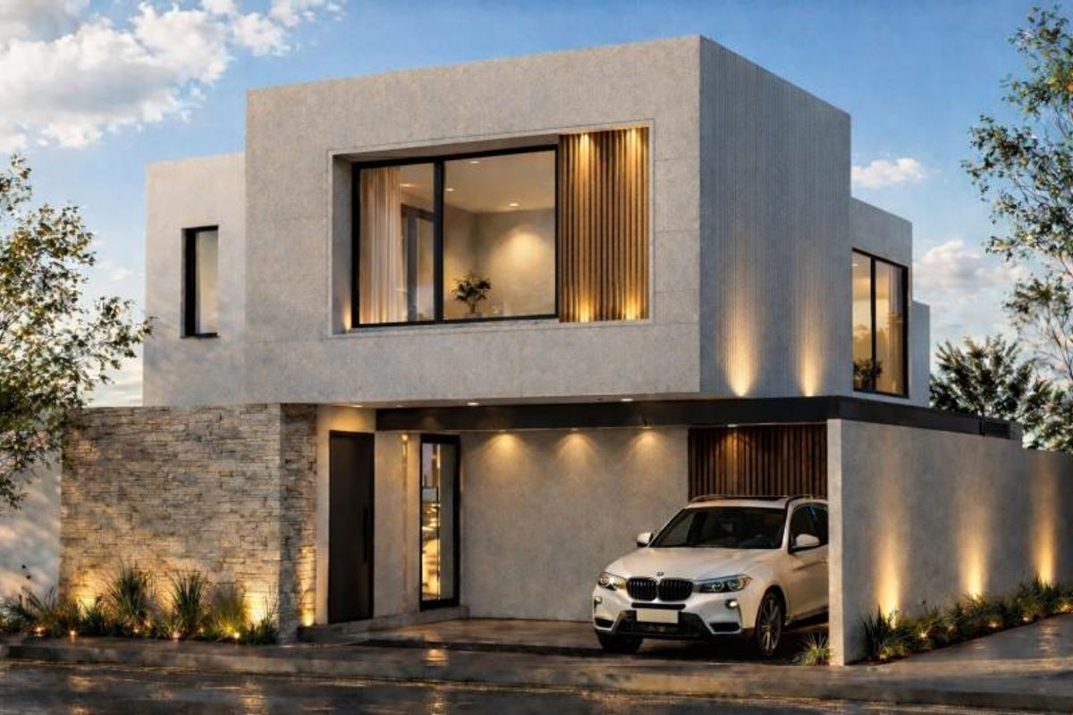 Fachada moderna de dos niveles con pared de piedra, iluminación cálida y cochera techada