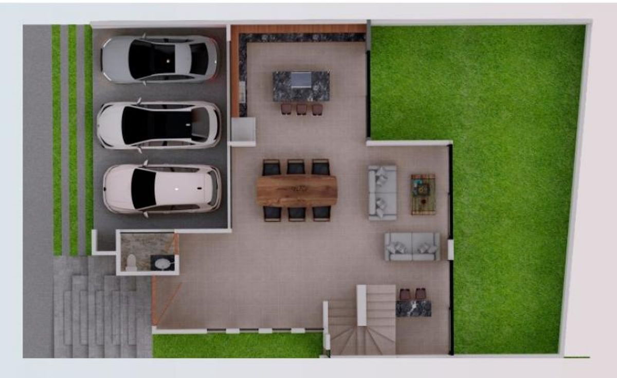 Planta baja con estacionamiento para tres autos, cocina, comedor, sala y jardín lateral