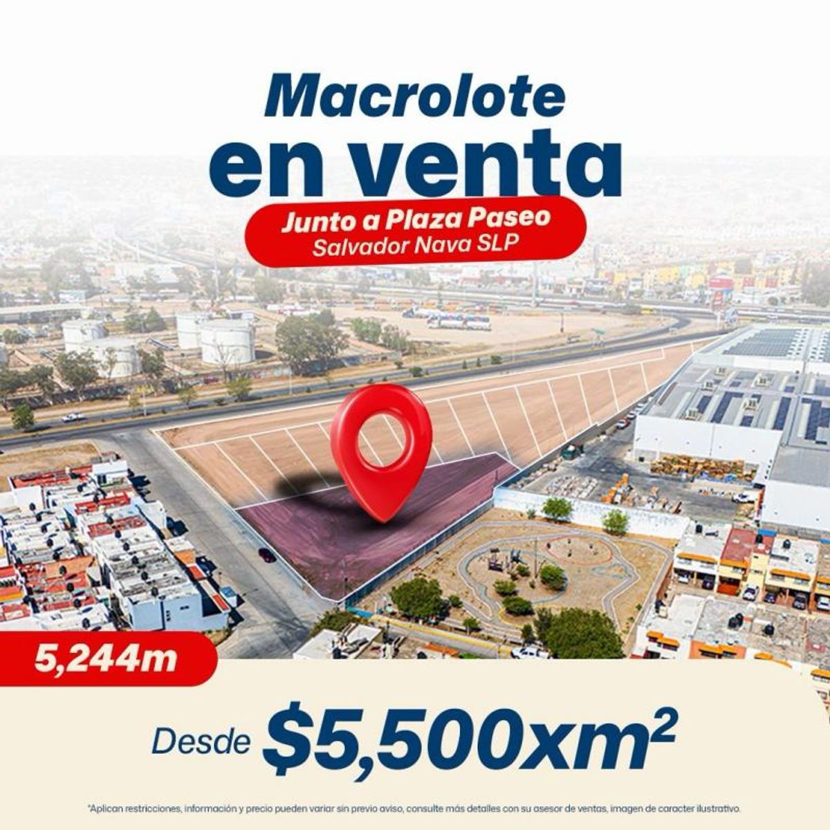 Terreno plano delimitado con un pin rojo junto a avenidas y construcciones urbanas