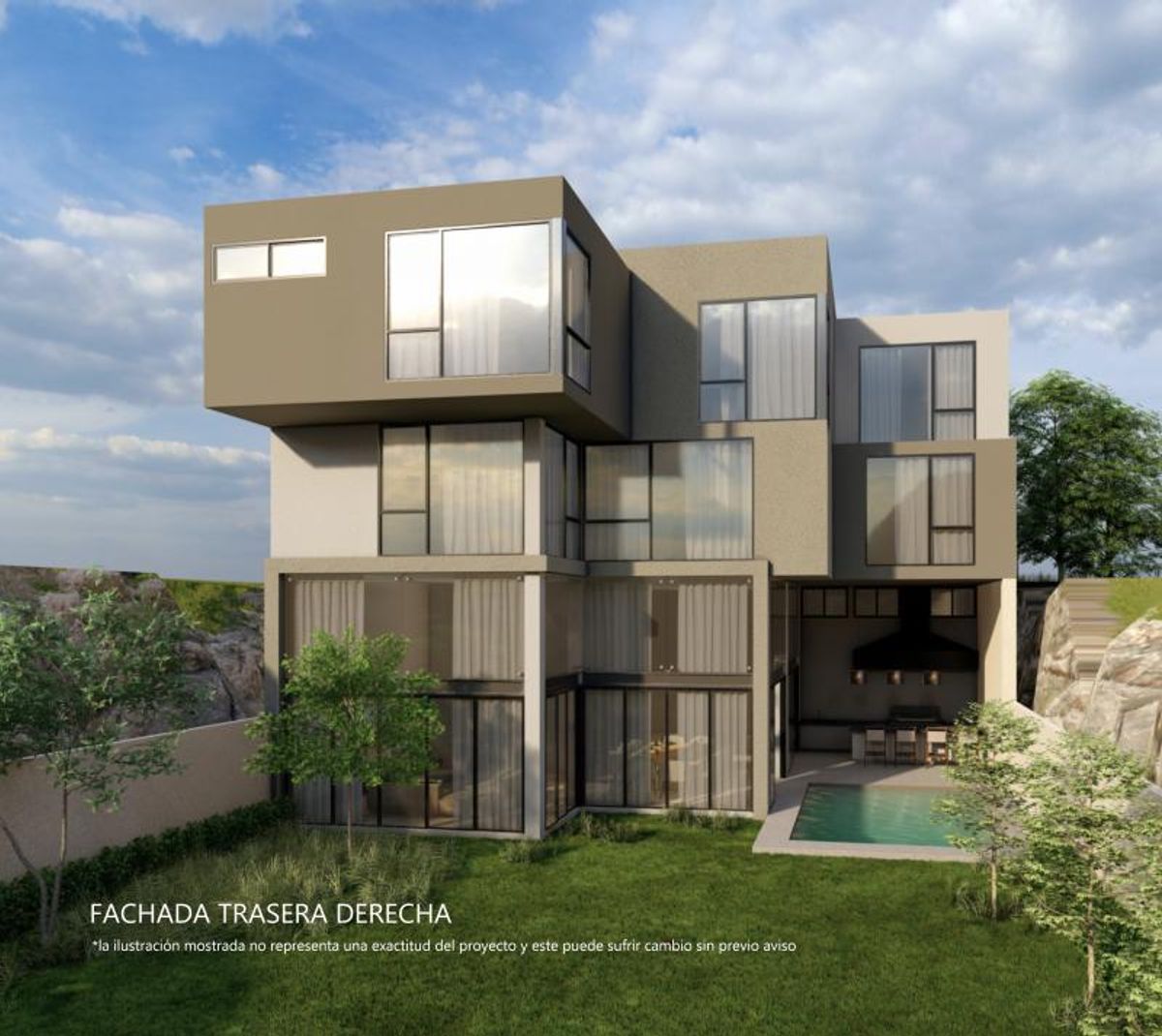 Casa de diseño geométrico con grandes ventanales, amplio jardín con pasto y alberca exterior