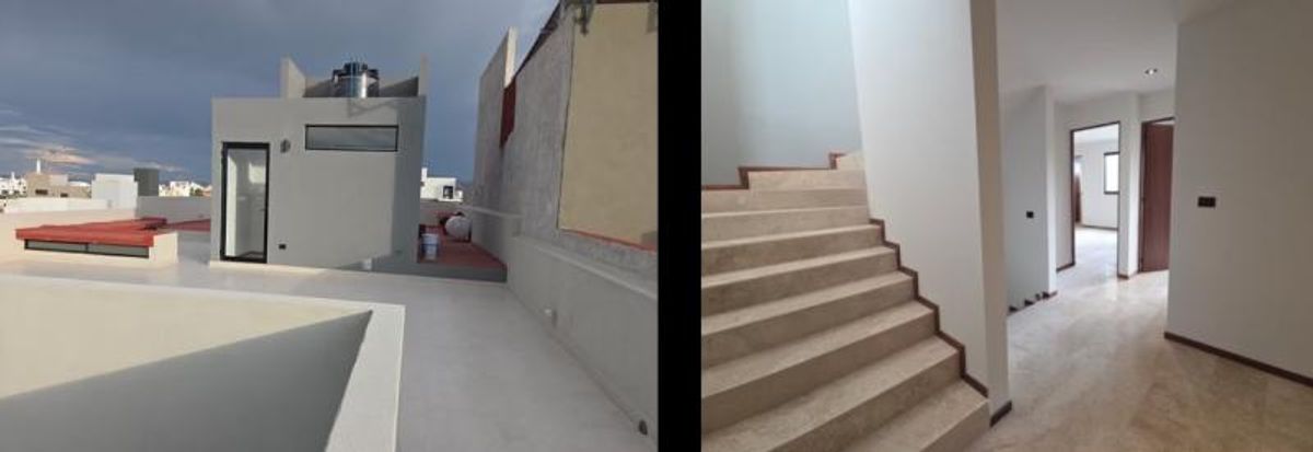 Terraza en azotea con piso claro e interior con escalera de mármol y pasillos