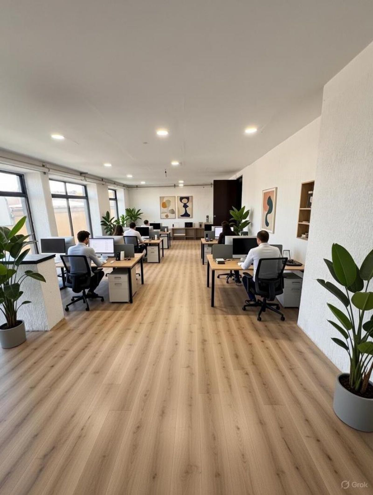 Oficina de concepto abierto con piso laminado claro, escritorios de trabajo, sillas y plantas