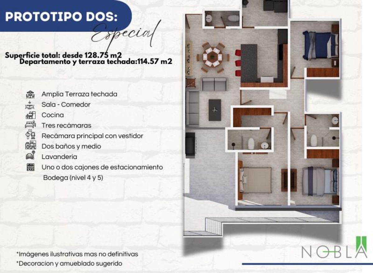 Plano arquitectónico de departamento con tres recámaras, dos baños, cocina, sala y terraza