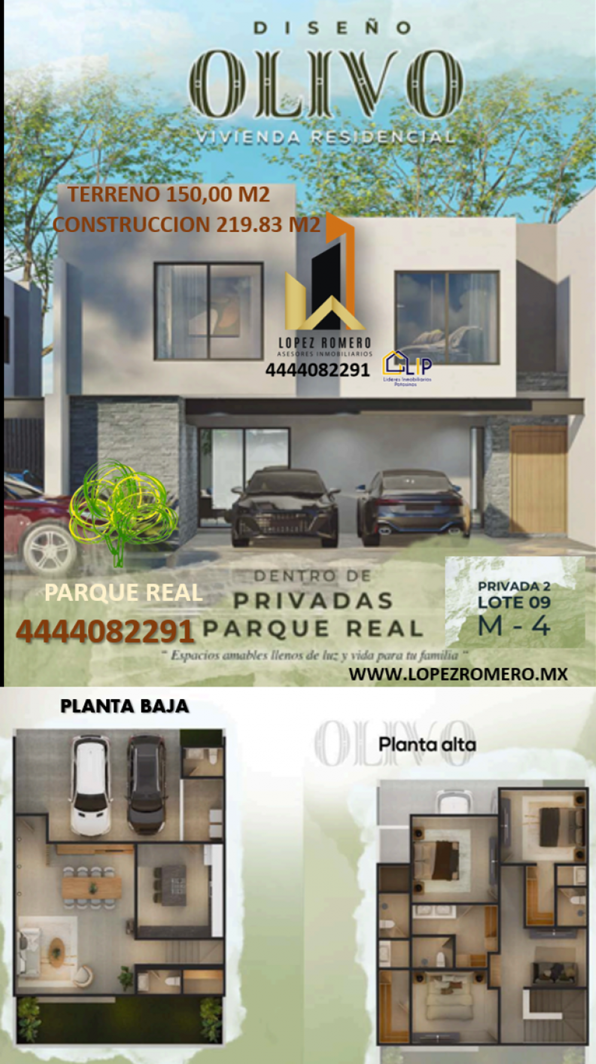 Fachada de casa moderna de dos pisos con cochera y planos de distribución arquitectónica