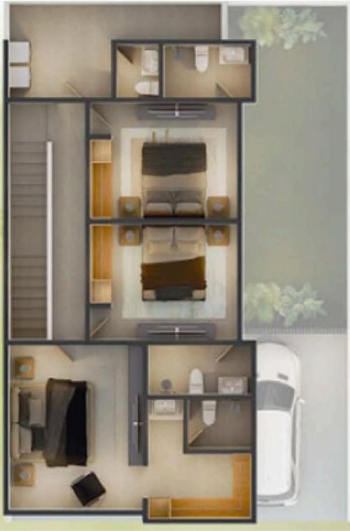 Plano arquitectónico de tres recámaras amuebladas, baños, escaleras y cochera exterior con automóvil blanco