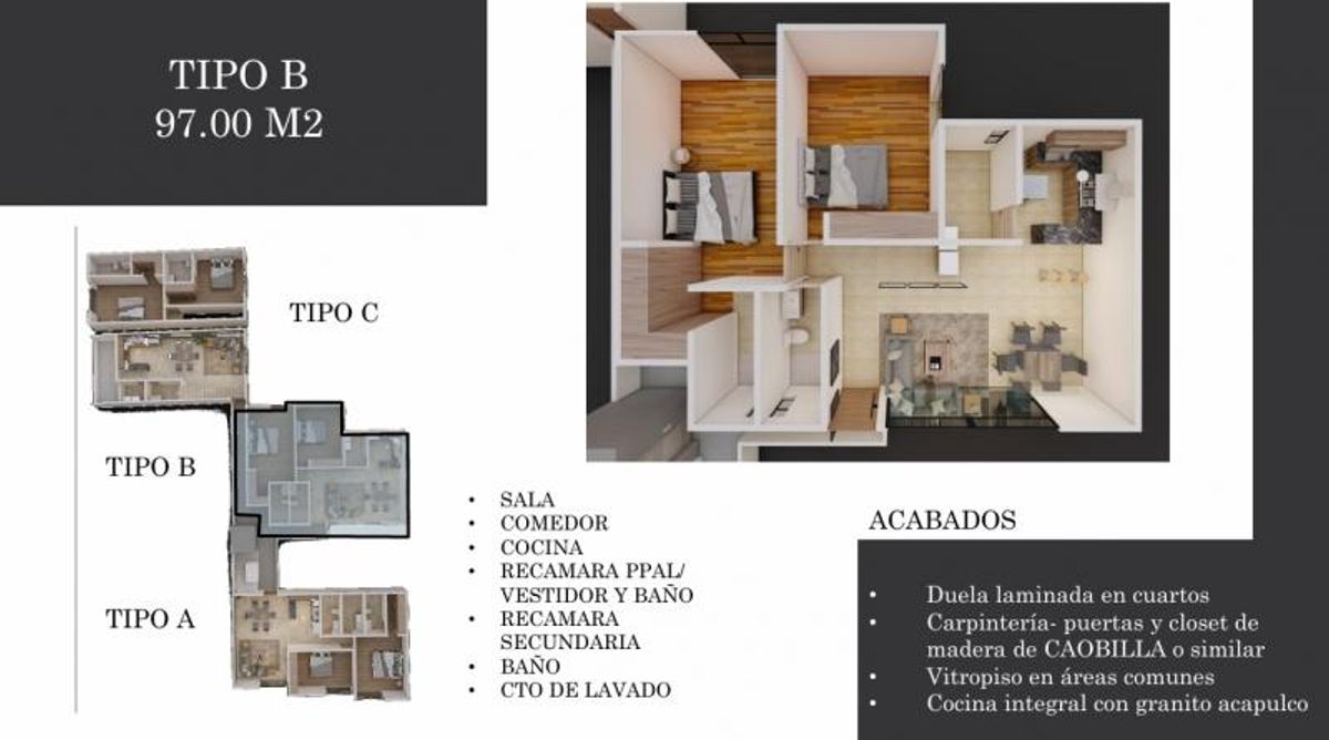 Plano arquitectónico en 3D de departamento con sala, comedor, recámaras y lista de acabados