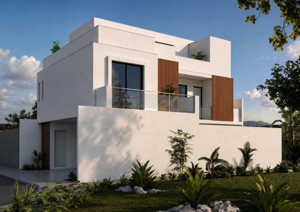 Casa moderna con fachada blanca, paneles de madera, balcón de vidrio y jardín frontal