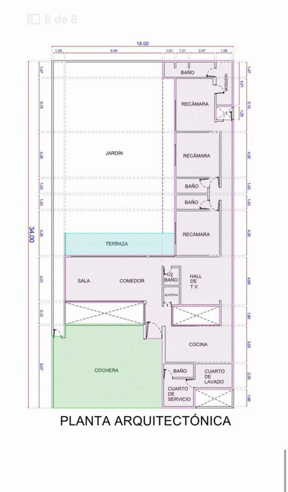 Plano arquitectónico con distribución de cochera, jardín, terraza, recámaras y áreas sociales