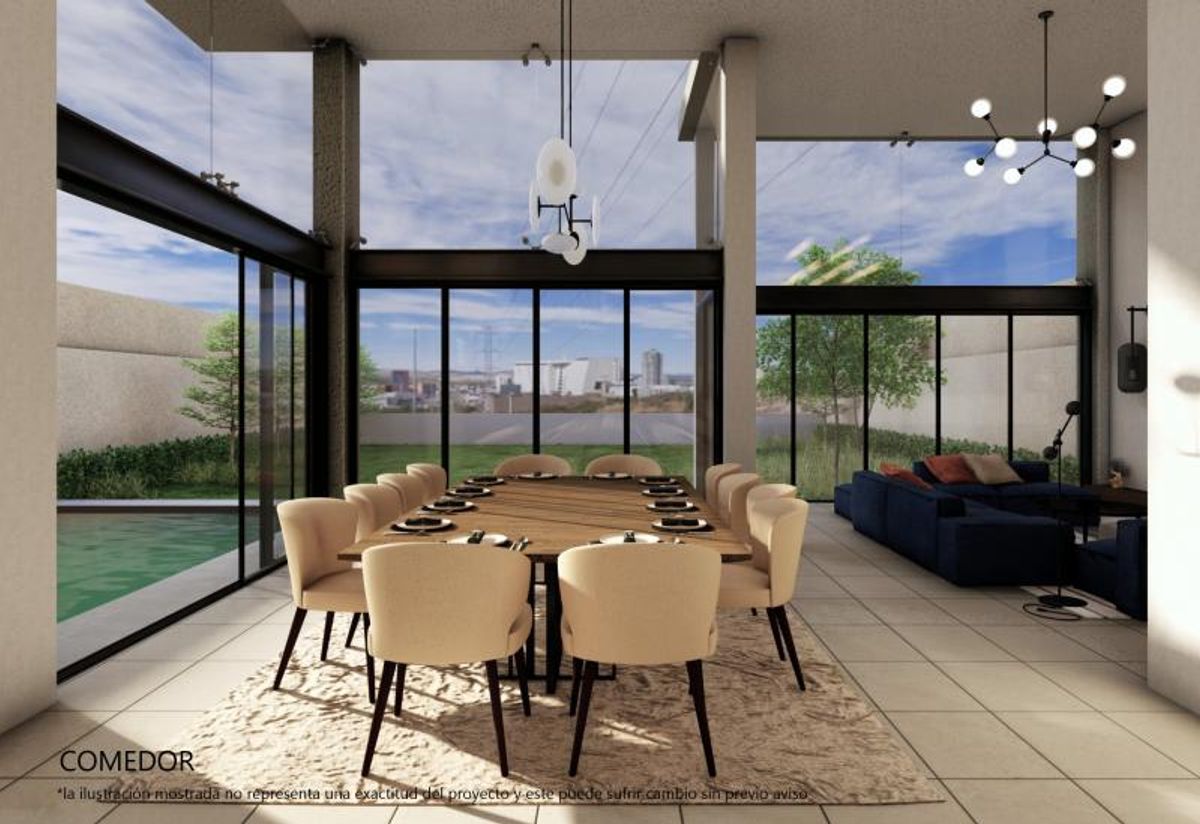 Comedor con mesa de madera, sillas beige, alfombra y ventanales de piso a techo