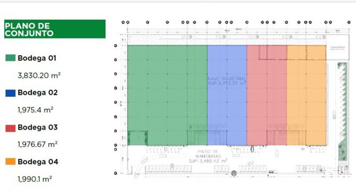 Plano de conjunto con distribución de cuatro bodegas industriales diferenciadas por colores y áreas