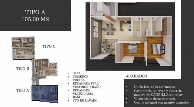 Plano tridimensional de distribución para departamento con dos recámaras, sala, comedor y cocina